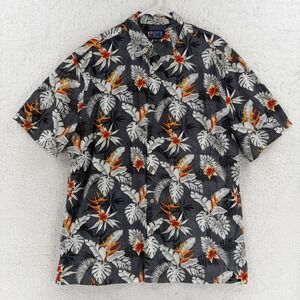 VTG Newport Blue Shirt Mens Large Gray Floral Hawaiian Aloha Button Front Casual